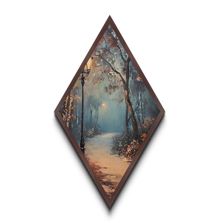 Diamond Shaped Foggy Forest Pathway, misty woodland Canvas Art Print, serene landscape painting, autumn moody nature trail home decor