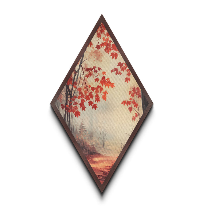 Diamond Shaped Scarlet Leaf Mist Scene, tranquil fall forest Canvas Art Print, red maple foliage decor, ethereal seasonal wall artwork