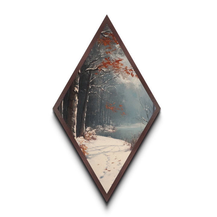 Diamond Shaped Winter River Trail, snowy forest scene Canvas Embossed Print, frosty landscape wall art, blue gray Christmas nature decor