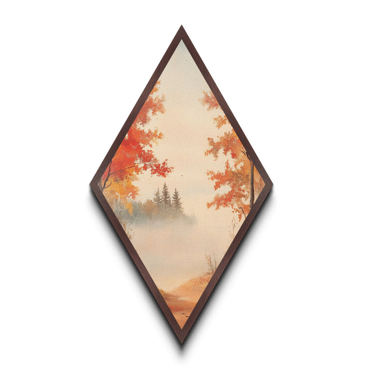 Golden Autumn Path – Diamond Shaped Canvas Art Print, misty fall landscape wall decor, seasonal forest artwork, rustic nature home accent