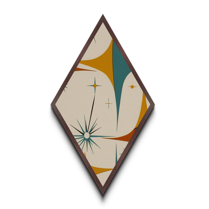 Mod Starflare Geometry – Diamond Shaped Canvas Art Print, retro atomic burst wall design, teal orange star pattern, midcentury home decor