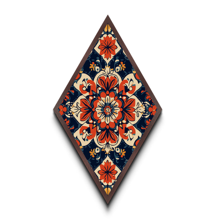 Floral Tile Harmony Diamond Shaped Canvas Art Print with bold folk pattern red navy decorative symmetry boho home accent Mediterranean decor