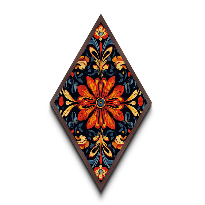 Crimson Bloom Folk Diamond Shaped Canvas Embossed Print featuring stylized red floral design dark background ethnic boho wall art vibrant palette
