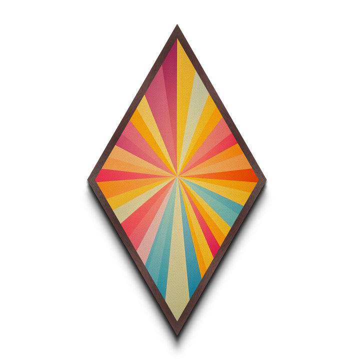 Radiant Retro Burst Diamond Shaped Canvas Art Print with sunshine ray design vivid rainbow starburst midcentury modern energy abstract wall decor