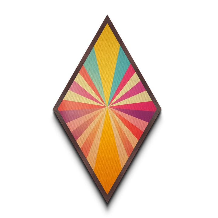 Sunshine Spectrum Pop Diamond Shaped Canvas Embossed Print with bold pastel starburst explosion midcentury vibes colorful retro geometric wall art