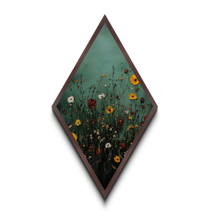Wild Meadow — Diamond Shaped Canvas Textured Print adds rustic charm to bedroom or entryway with floral impasto nature wall art earthy tones