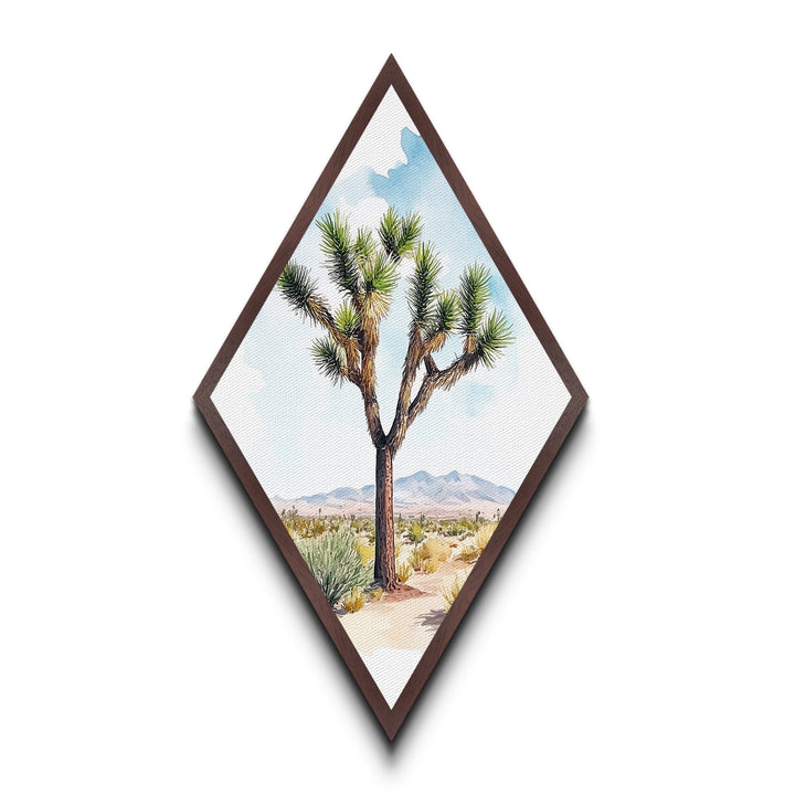 Joshua Tree Vista Diamond Shaped Canvas Textured Print, Desert Botanical Watercolor Art, Nature Landscape Wall Accent