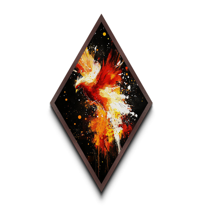 Inferno Flight Phoenix Diamond Shaped Canvas Textured Print, Red Fire Bird Wall Art, Bold Mythical Creature Modern Painting