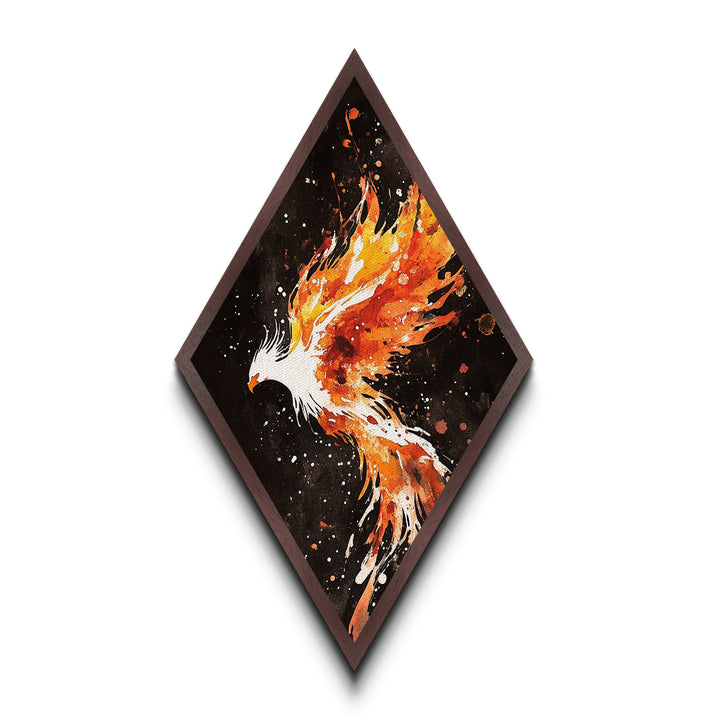 Firebird Soaring Burst Diamond Shaped Canvas Art Print, Fiery Phoenix Painting, Mystical Wall Decor in Black and Orange