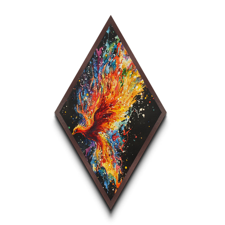 Cosmic Phoenix Bloom Diamond Shaped Canvas Embossed Print, Vibrant Color Splash Wall Art, Celestial Bird Fantasy Artwork