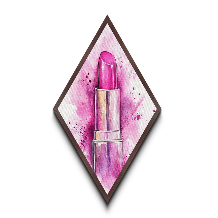 Pink Lipstick Glam Diamond Shaped Canvas Embossed Print, Watercolor Makeup Wall Art, Feminine Beauty Fashion Illustration