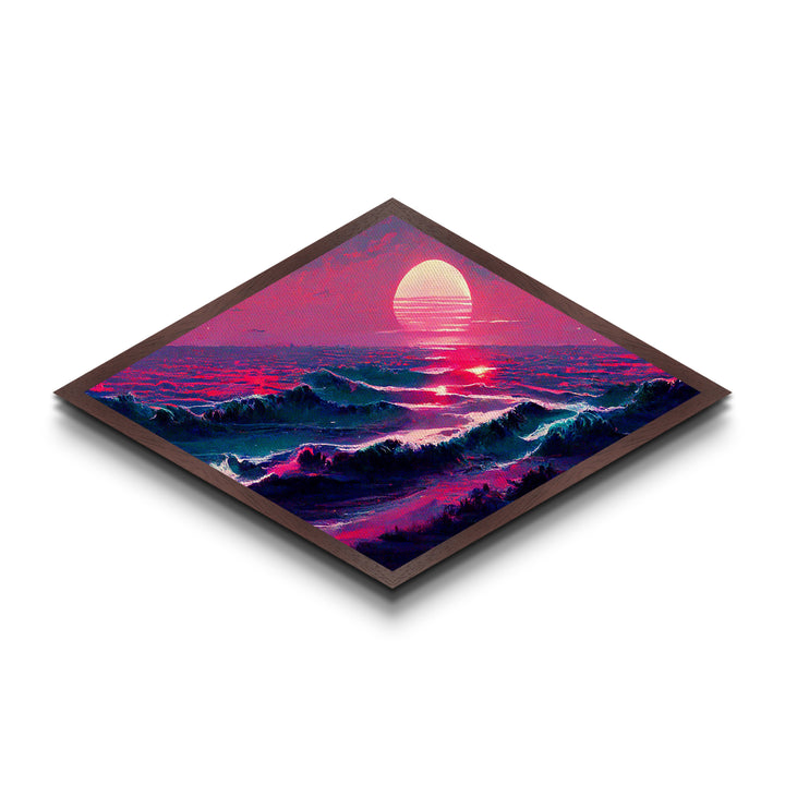 Crimson Horizon Sunset Diamond Shaped Ocean Landscape Canvas Embossed Print Coastal Red Waves Modern Nautical Wall Art Home Decor
