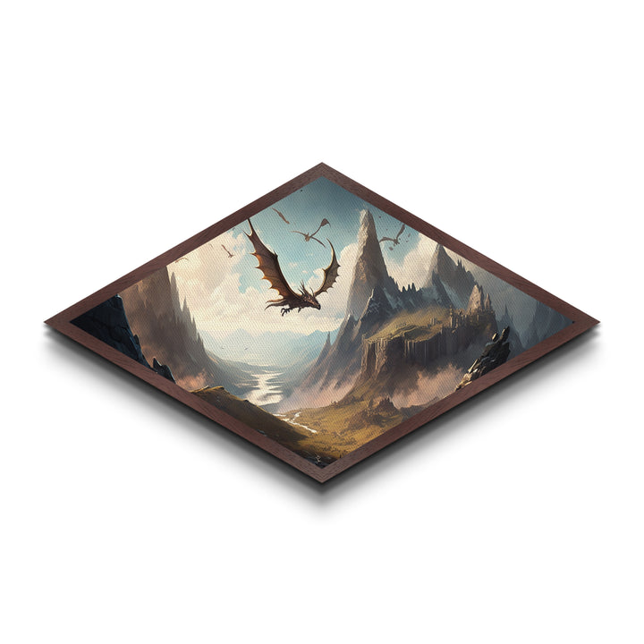 Firewing Highlands – Diamond Shaped Fantasy Dragon Landscape Canvas Art Print with epic flying creatures, medieval scenery, and vivid detail