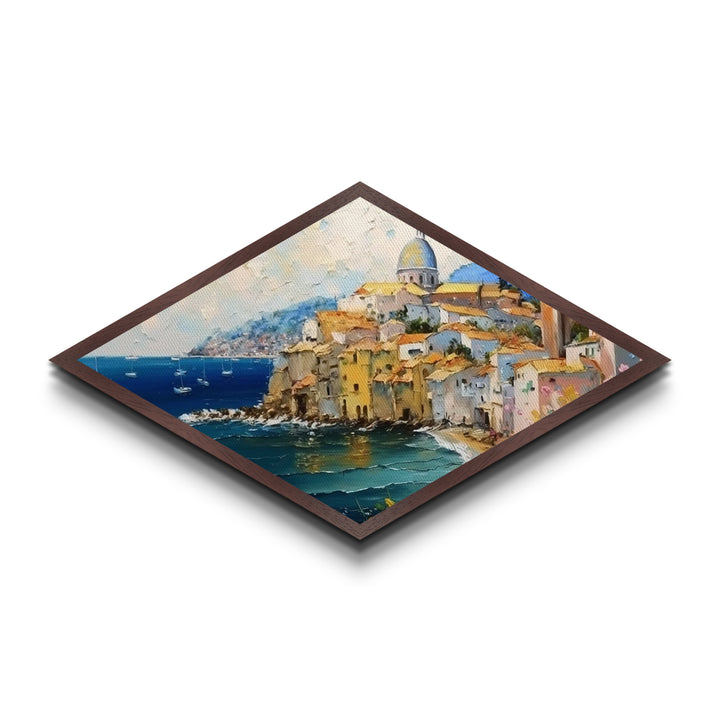 Amalfi Shoreline – Diamond Shaped Mediterranean Village Seascape Canvas Textured Print with coastal architecture, oil painting texture