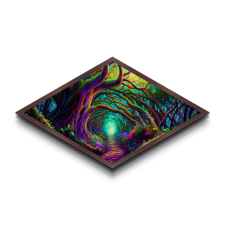 Enchanted Rootway – Diamond Shaped Mystical Forest Tunnel Canvas Embossed Print with neon glow trees, fantasy flora, and glowing path