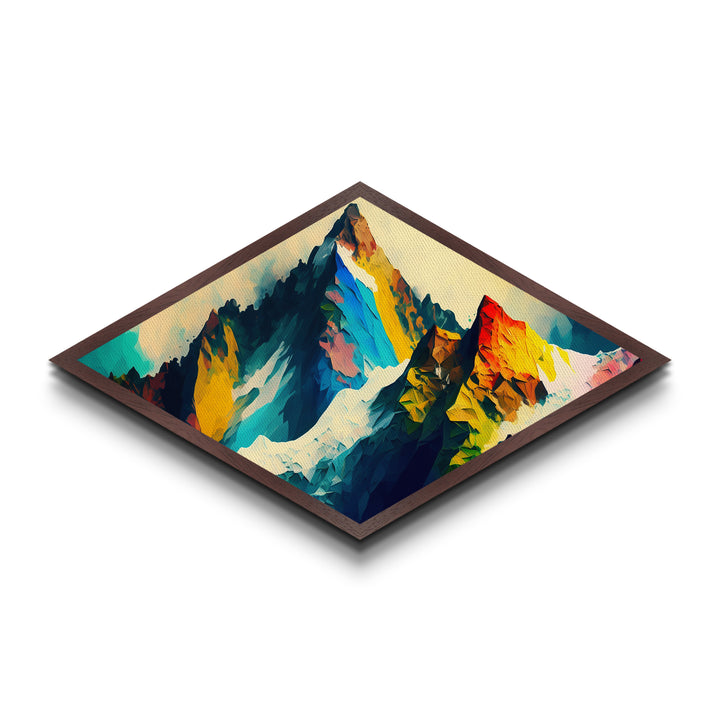 Crystalline Alps – Diamond Shaped Abstract Rainbow Peaks Canvas Textured Print with polygonal mountain terrain, bold geometric strokes