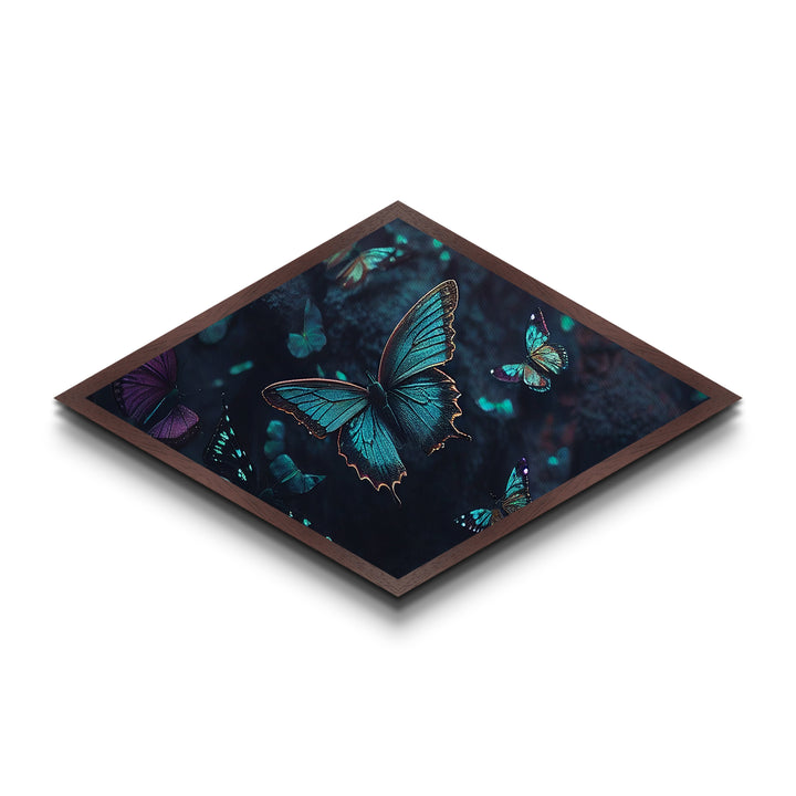 Nocturne Butterflies – Diamond Shaped Midnight Forest Insects Canvas Embossed Print with glowing wings, bioluminescent ambiance, deep tones