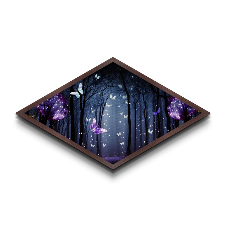 Enchanted Forest Glow – Diamond Shaped Canvas Art Print with glowing butterflies, dreamy purple woodland, fantasy wall decor, nightscape art