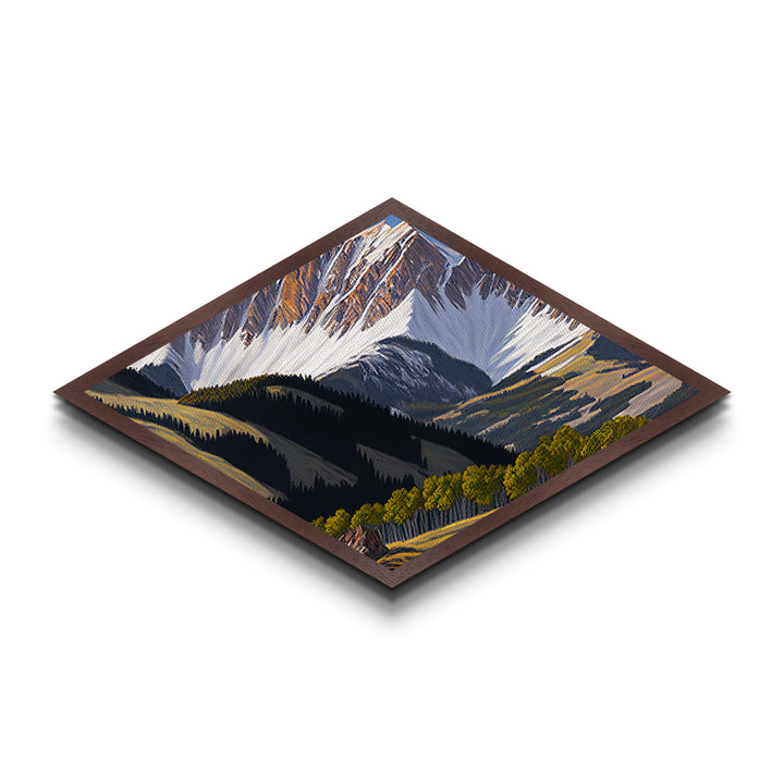 Snowcap Forest Light – Diamond Shaped Canvas Textured Print with alpine mountain landscape, fall forest shadow play, nature inspired home art