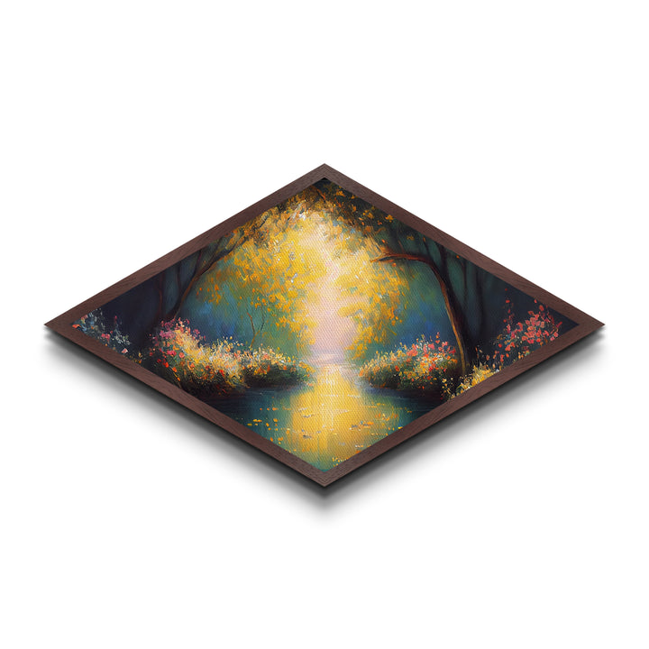 Golden Forest Path – Diamond Shaped Canvas Embossed Print with radiant trees, glowing sunset river, impressionist woodland nature painting