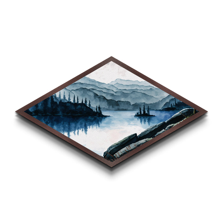 Tranquil Mountain View Diamond Shaped Canvas Textured Print with peaceful lake scene, forest landscape painting, rustic wall decor