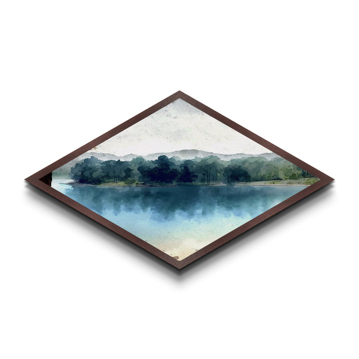Quiet Riverbank Scene Diamond Shaped Canvas Art Print with woodland nature, blue green forest reflection painting, lakeview serenity
