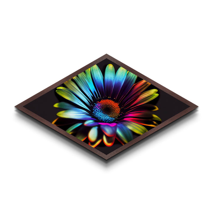 Neon Petal Burst Diamond Shaped Canvas Art Print with vibrant rainbow daisy, dark background floral decor, modern flower wall piece