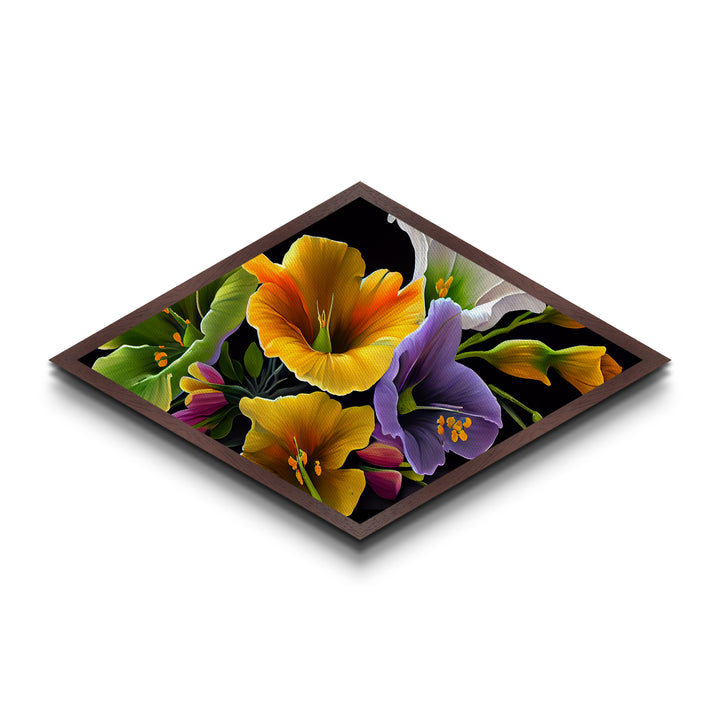 Midnight Bloom Glow Diamond Shaped Canvas Embossed Print with bold floral close-up, colorful petals on black, dramatic flower wall art