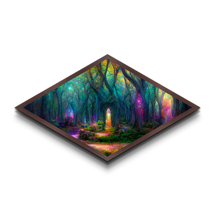 Firefly Glow Forest Diamond Shaped Canvas Art Print, whimsical fairy lights in woods, enchanted mystical woodland fantasy decor