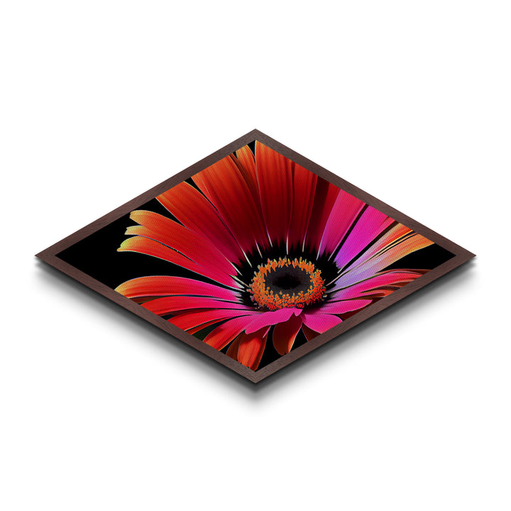 Vibrant Sunset Petals Diamond Shaped Canvas Textured Print, Red Orange Flower Wall Art, Modern Botanical Gift, Floral Bedroom Decor