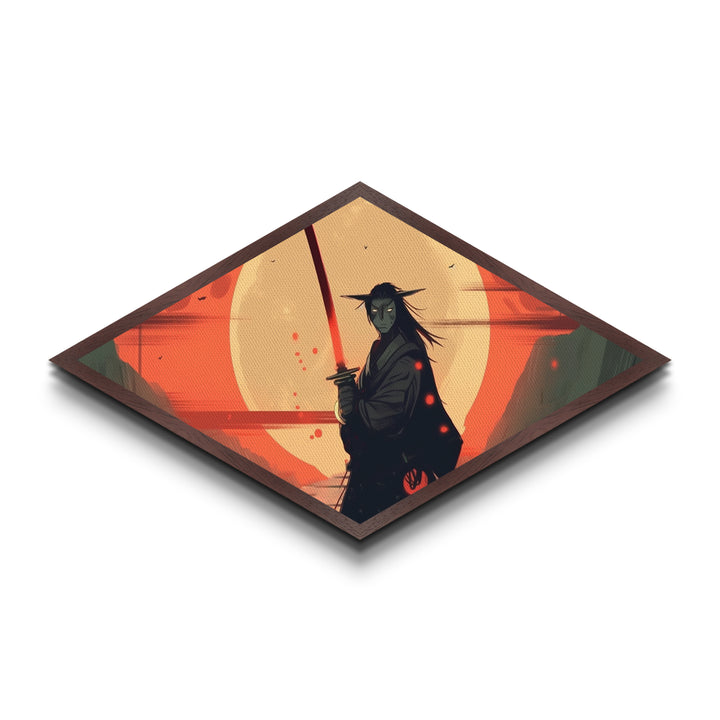 Demon Samurai Stance Diamond Shaped Canvas Art Print, Japanese Anime Warrior Decor, Red Moon Battle Scene, Teen Room Artwork
