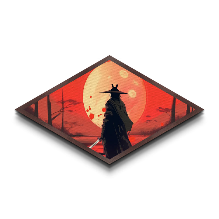Lone Ronin Eclipse Diamond Shaped Canvas Textured Print, Samurai Sunset Wall Art, Anime Warrior Decor, Japanese Aesthetic Gift