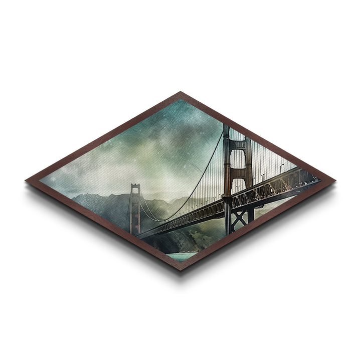 Golden Gate Haze Diamond Shaped Canvas Textured Print, San Francisco Bridge Watercolor, Urban Landscape Art, Travel Lover Gift