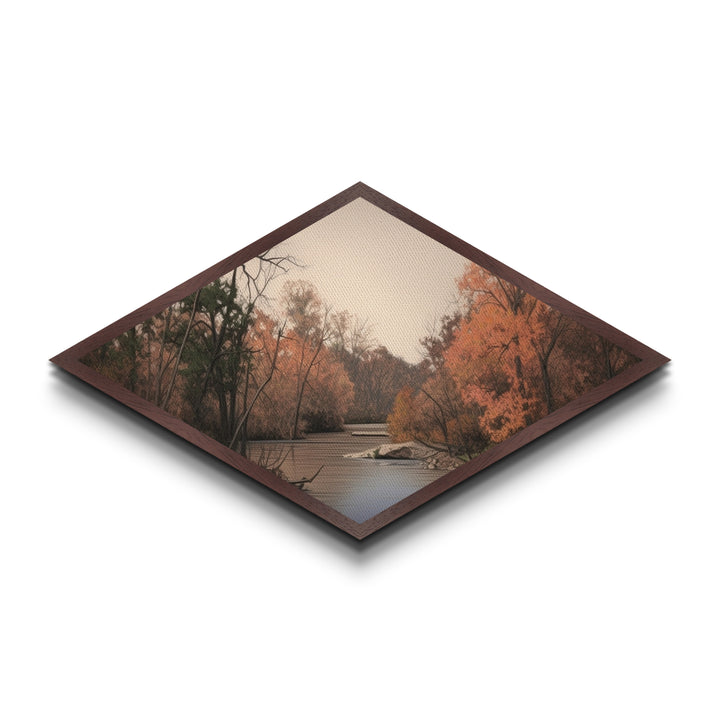 Autumn River Scene – Diamond Shaped Canvas Textured Print, Rustic Wall Art, Fall Landscape Decor, Nature-Inspired Gift, Cabin Living Room