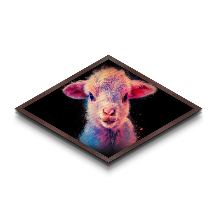 Neon Lamb Glow – Diamond Shaped Canvas Embossed Print, Vibrant Nursery Animal Art, Cute Pastel Gift, Baby Room Farm Decor