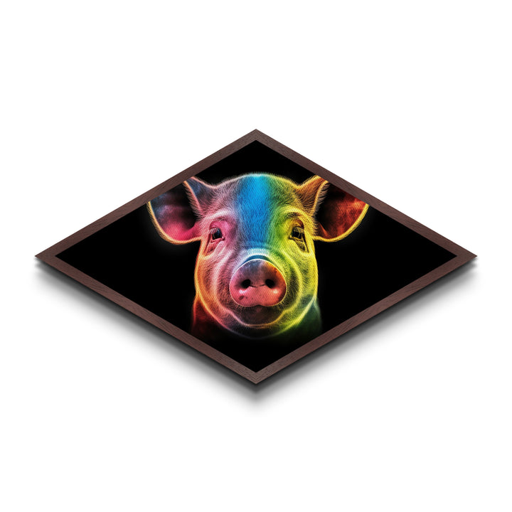 Radiant Piglet Portrait – Diamond Shaped Canvas Embossed Print, Farm Animal Wall Art, Neon Rainbow Decor, Kids Room Pop Style