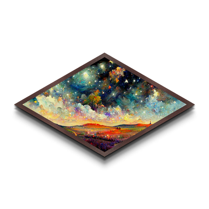 Enchanted Forest Path Diamond Shaped Canvas Embossed Print, glowing staircase fantasy decor, dreamy woodland surreal artwork
