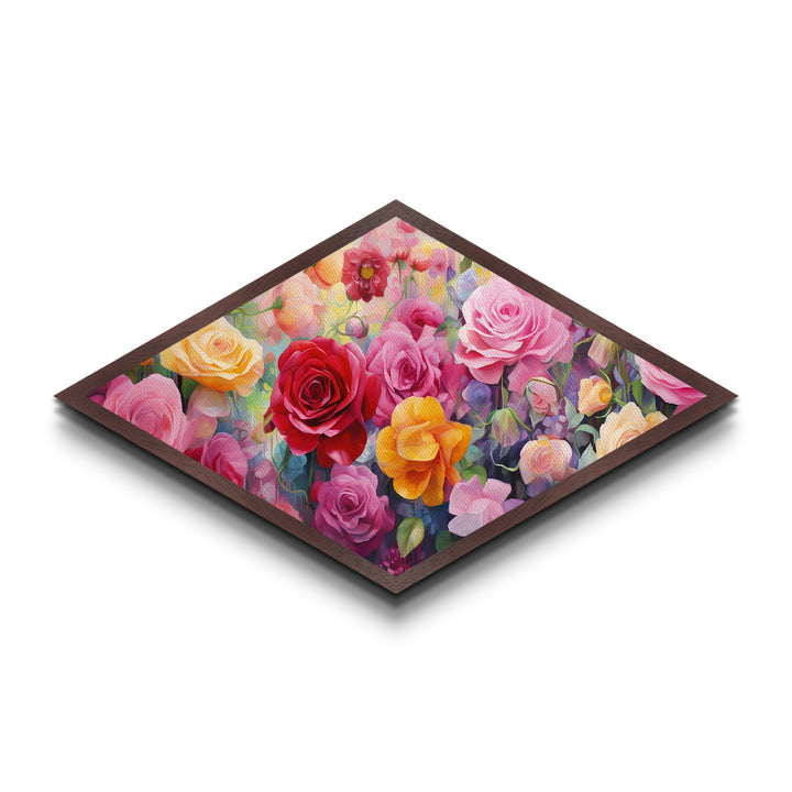Garden Rose Symphony Diamond Shaped Canvas Art Print with pink red yellow roses, floral wall decor, romantic gift, nursery wall accent