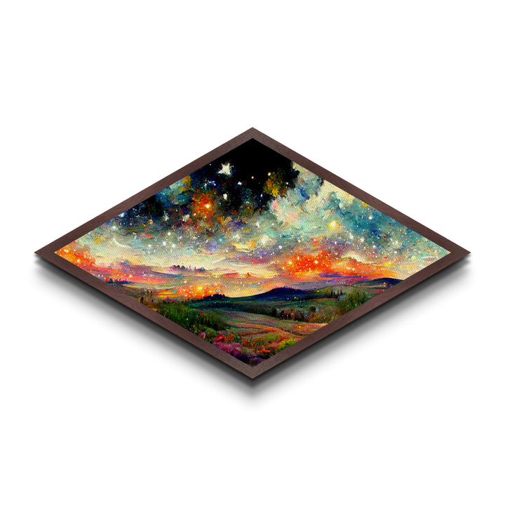 Celestial Dreamscape Field Diamond Shaped Canvas Art Print, night sky stars over hills, vibrant cosmic countryside fantasy decor