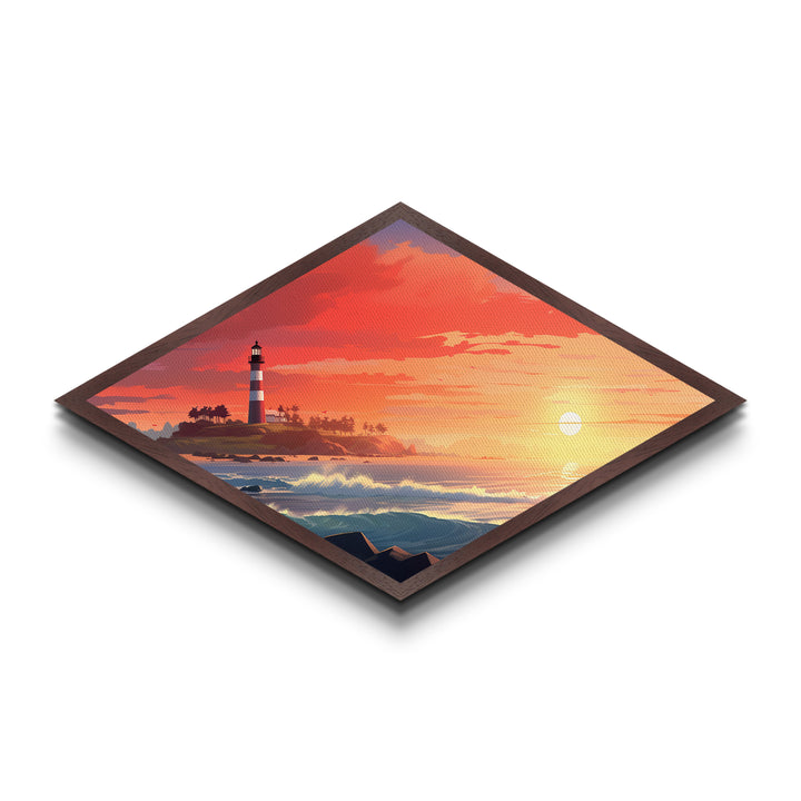 Diamond Shaped Sunset Coastline – Canvas Textured Print with Lighthouse Wall Art, Beach House Decor, Nautical Ocean Scene, Summer Gift