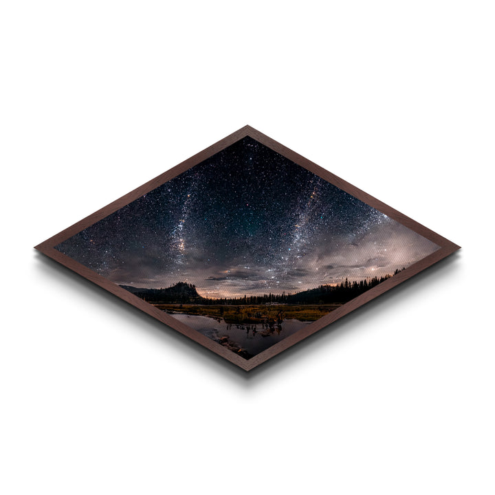 Starlit Landscape Glow Diamond Shaped Canvas Textured Print, dreamscape night sky meadow art, celestial fantasy field scene