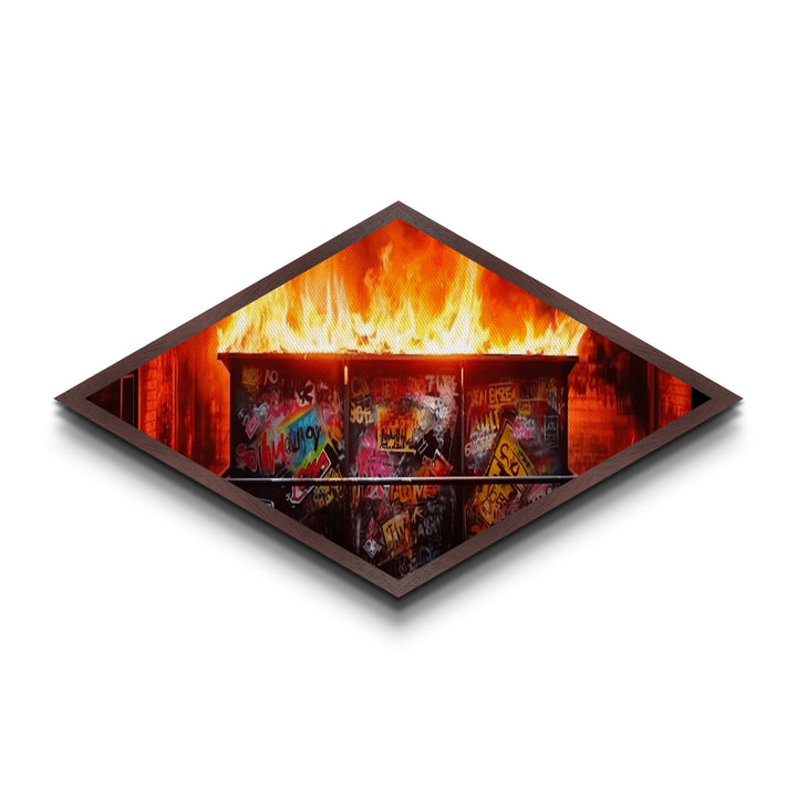 Dumpster Fire Chaos Diamond Shaped Graffiti Canvas Embossed Print burning urban street art protest pop culture modern edgy wall art