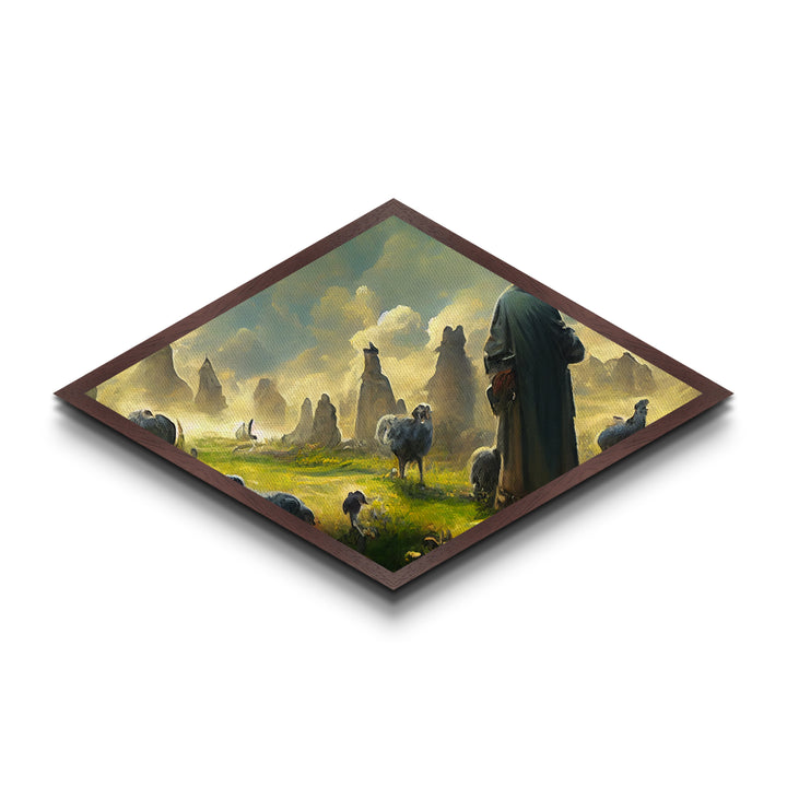 Shepherd’s Morning Peace Diamond Shaped Canvas Embossed Print, pastoral fantasy flock landscape, mystical sunrise with sheep art