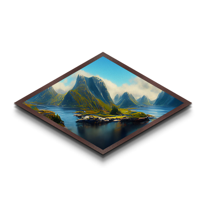Nordic Fjord Serenity Diamond Shaped Canvas Textured Print, Scandinavian mountain lake art, dramatic nature wilderness wall decor