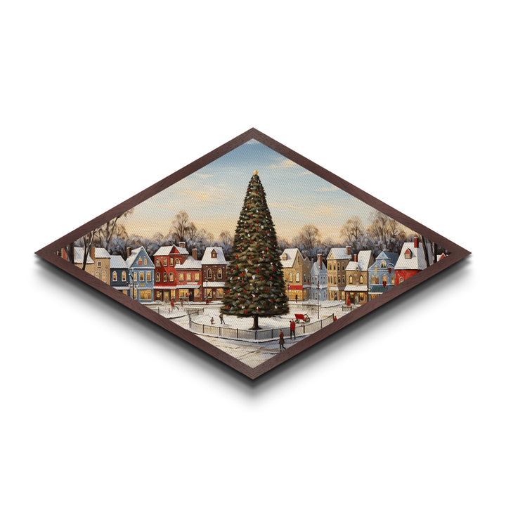 Festive Town Square Diamond Shaped Canvas Embossed Print Christmas tree snowy village nostalgia seasonal living room holiday wall