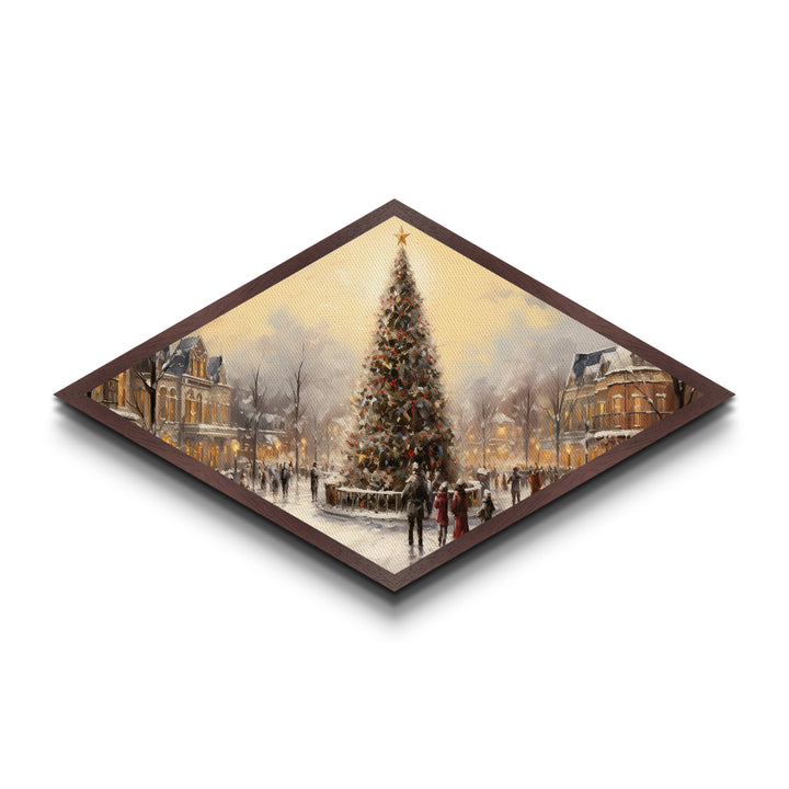 Winter Tree Gathering Diamond Shaped Canvas Art Print snowy downtown scene nostalgic holiday decor perfect wall accent Christmas