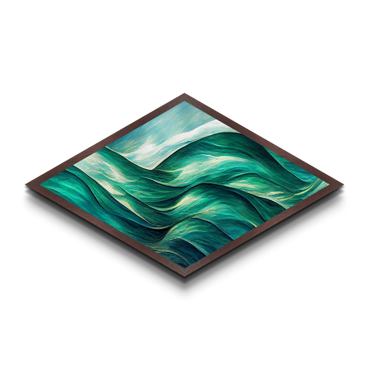 Ocean Flow Rhythm Diamond Shaped Canvas Art Print, Abstract Sea Waves Wall Decor, Modern Coastal Blue Green Nautical Room Accent