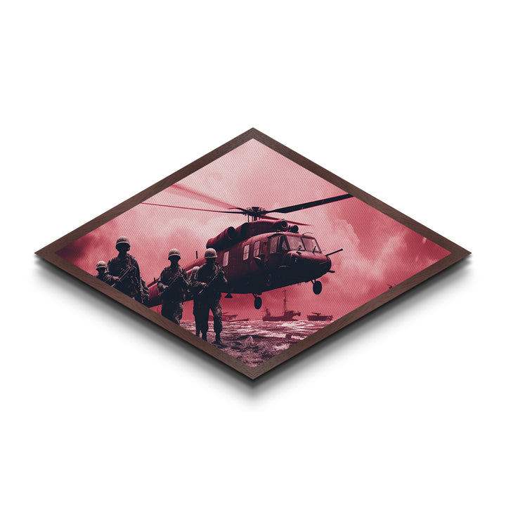 Tactical Insertion Helicopter — Diamond Shaped Canvas Art Print for military home office, aviation gift, soldier room wall decor