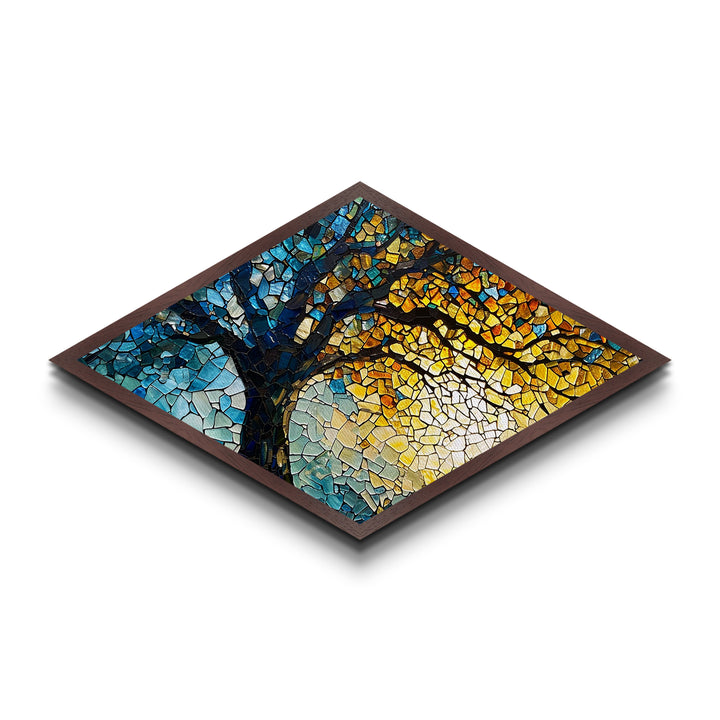 Tree of Radiance — Diamond Shaped Canvas Embossed Print mosaic nature decor, stained glass style, spiritual healing tree wall piece