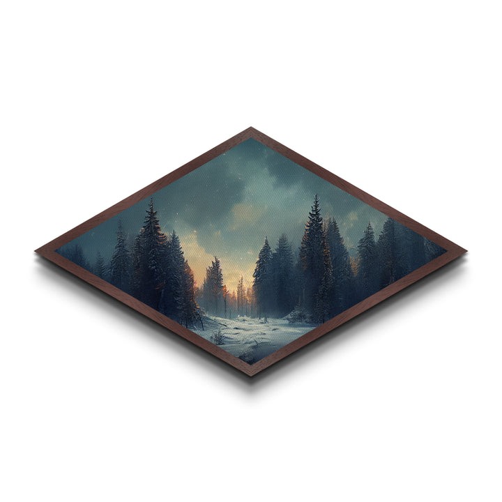 Snowy Forest Twilight Diamond Shaped Canvas Textured Print, Winter Pines Sunset Wall Art, Cozy Rustic Cabin Nature Scene Accent